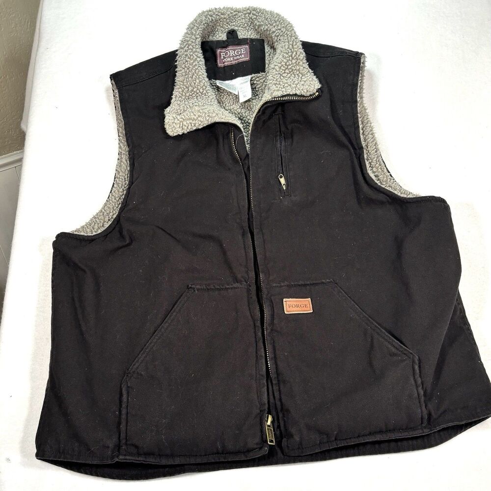 Forge Workwear Vest Sherpa Lined Black Canvas Full Zip Insulated Pockets